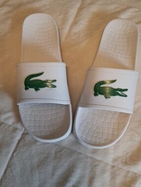 Lacoste White Slides with Green Crocodile Emblem